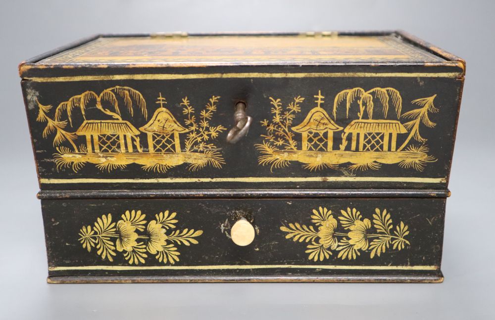 Brighton interest: A Chain pier and Marine Parade, Brighton japanned sewing basket, c.1840., the interior with a view of the pavilion